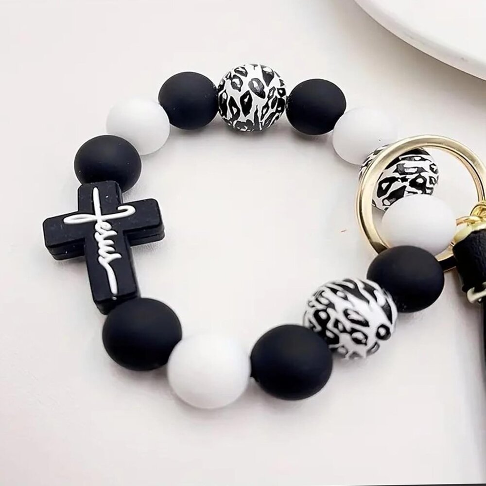 Wristlet Bracelet Keychain for Women,Silicone/Wood Cross Leopard Beaded Bracelet - Picture 4 of 9
